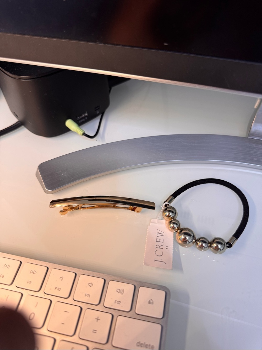 J. Crew Gold Bar Clip and Black Elastic with Gold Beads